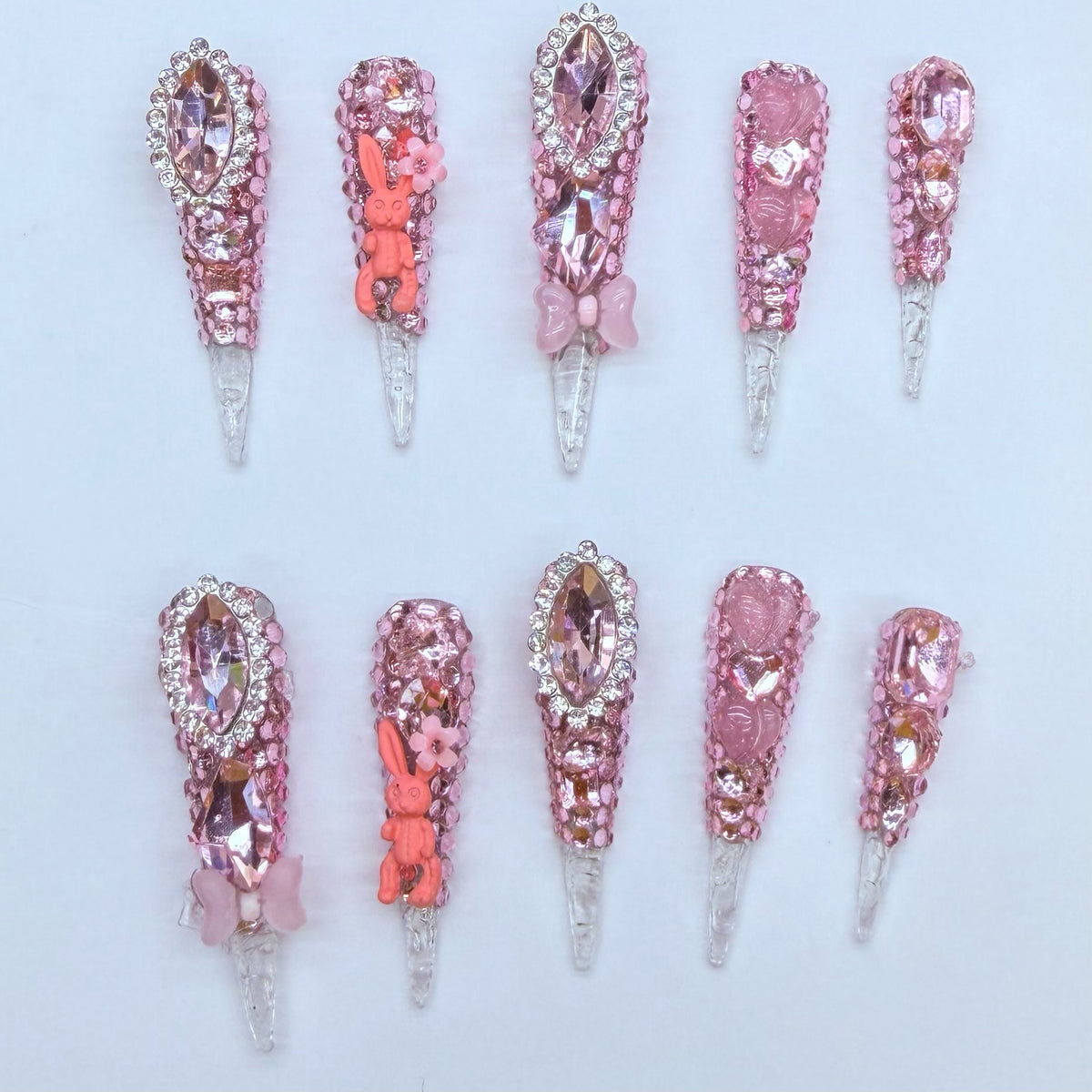 VNL-LO-003 pink crystal rhinestone 3D bow custom long press-on nails by Velnora