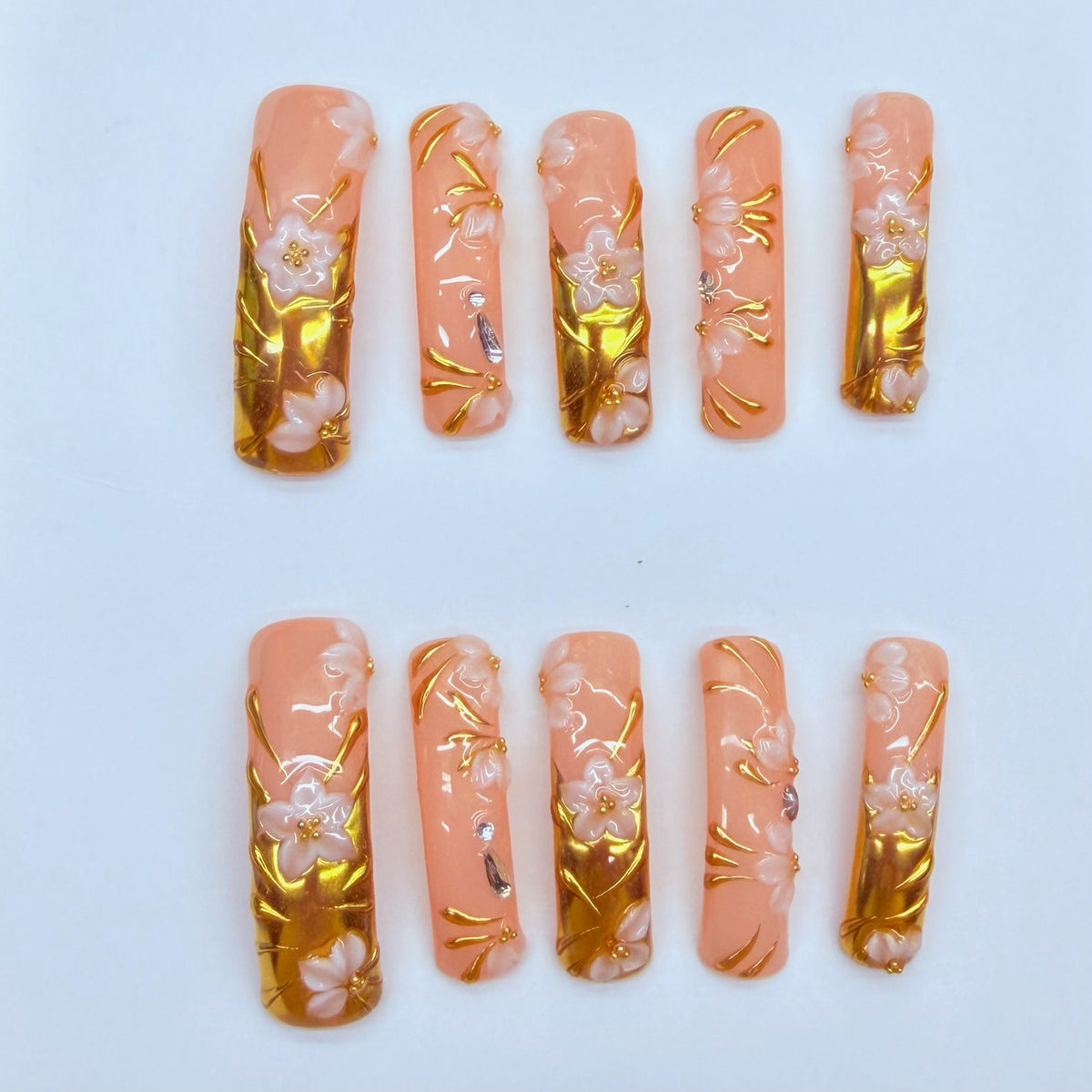 VNL-LO-005 peach floral gold foil custom long press-on nails by Velnora
