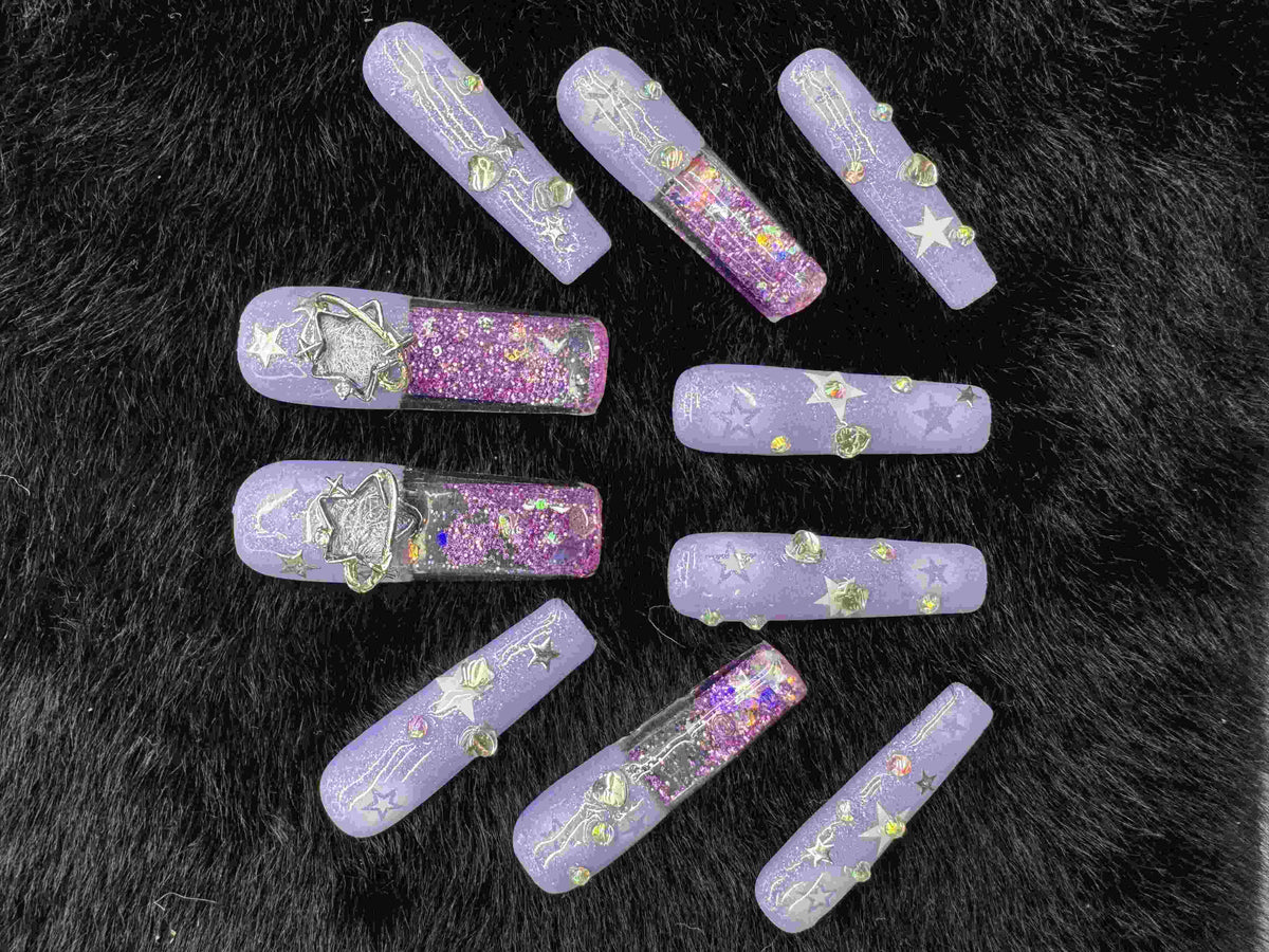 VNL-WA-002 lavender glitter star charm water-inspired custom press-on nails by Velnora