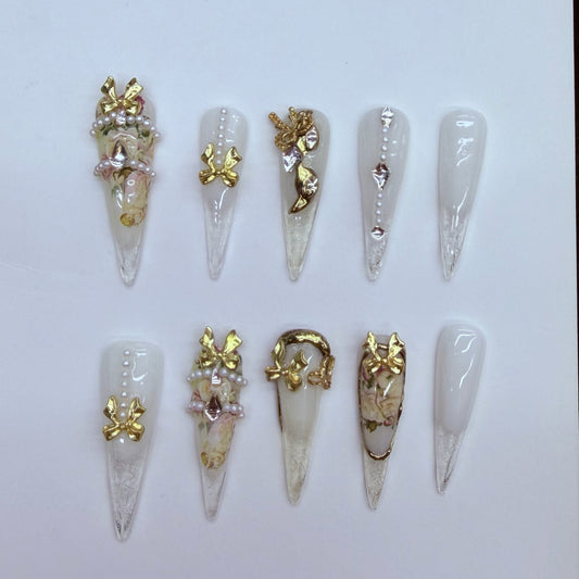 VNL-LO-001 clear gold rhinestone 3D charm custom long press-on nails by Velnora