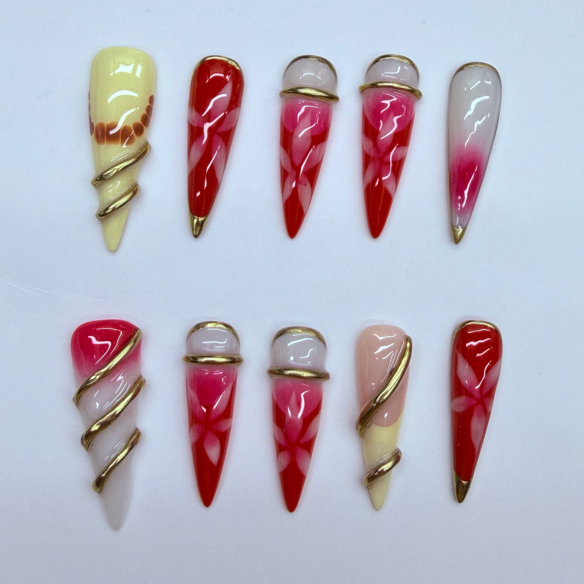 VNL-LO-002 red gradient swirl French custom long press-on nails by Velnora