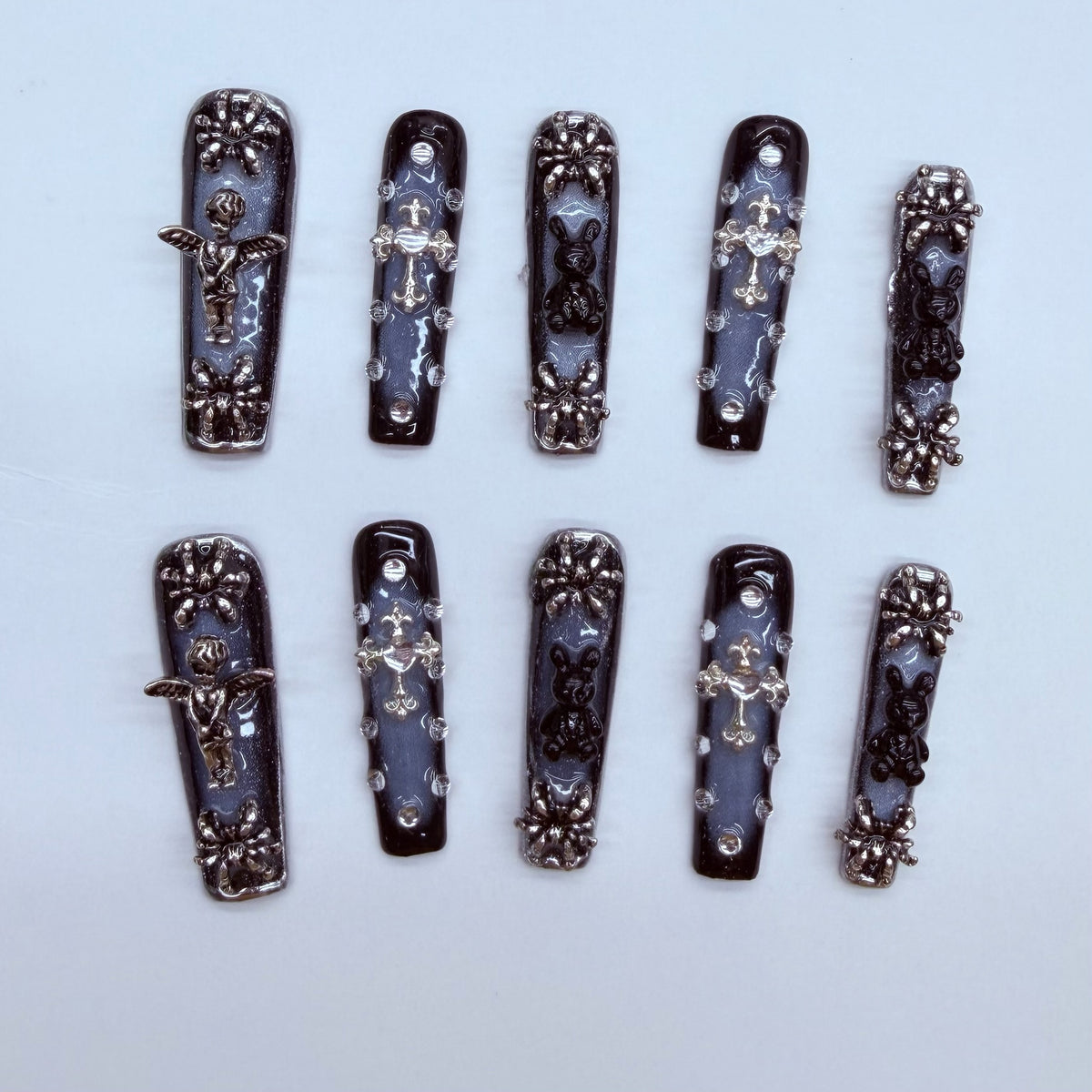 VNL-LO-004 black gothic rhinestone cross custom long press-on nails by Velnora