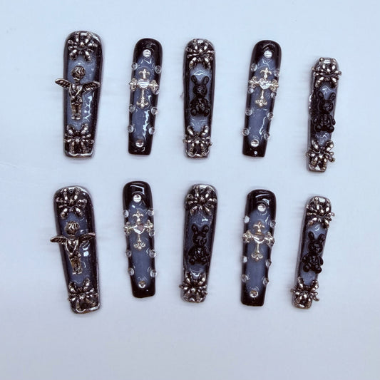 VNL-LO-004 black gothic rhinestone cross custom long press-on nails by Velnora
