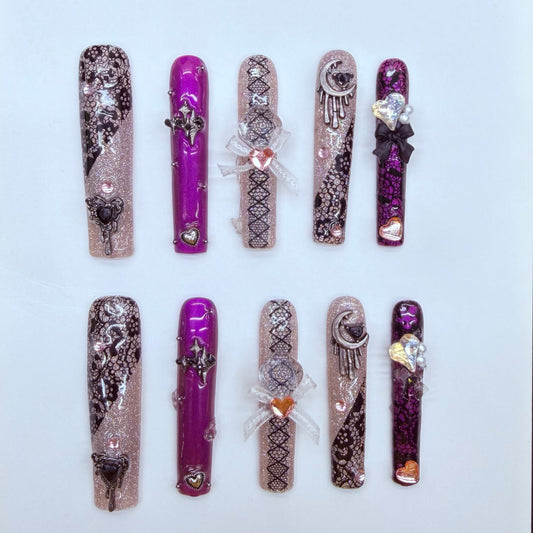 VNL-LO-006 purple silver lace bow rhinestone custom long press-on nails by Velnora