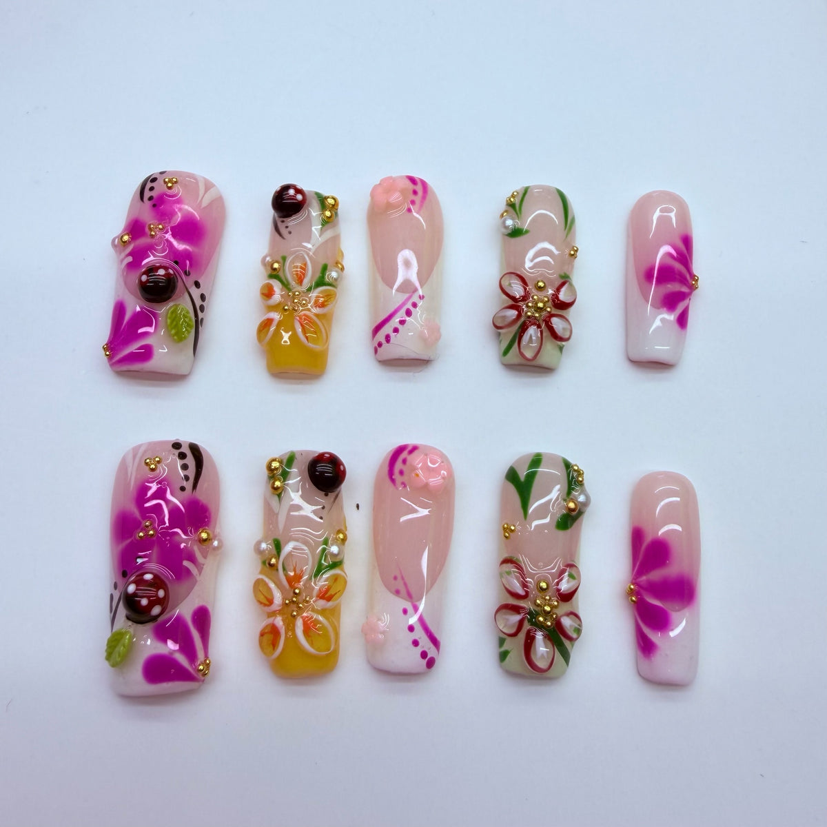 VNL-ME-001 pink fruit floral 3D charm custom medium press-on nails by Velnora