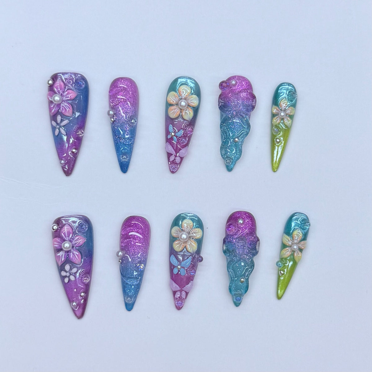 VNL-ME-002 purple blue floral mermaid glitter custom medium press-on nails by Velnora