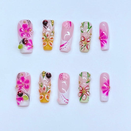 VNL-ME-003 pink fruit floral 3D charm custom medium press-on nails by Velnora