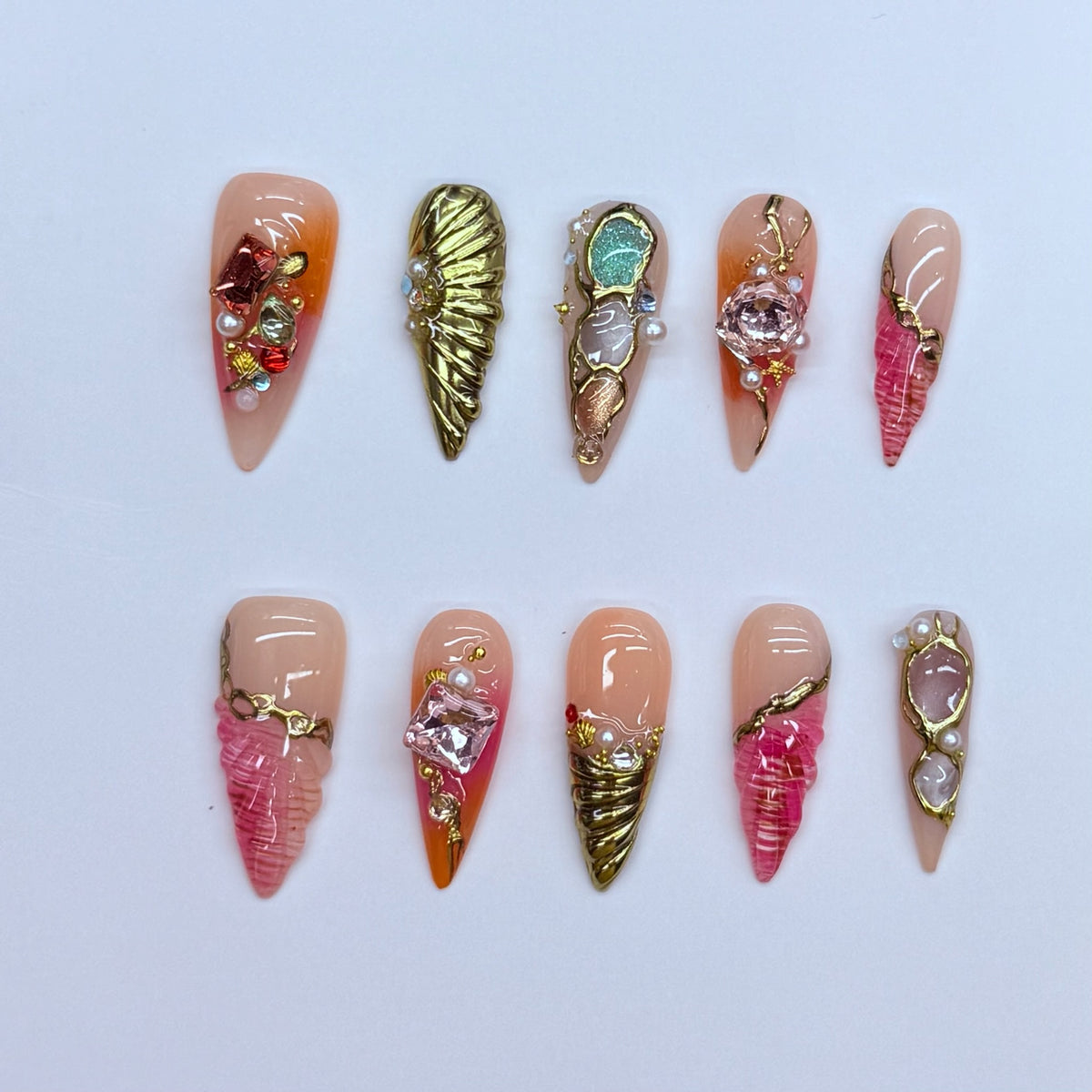 VNL-ME-004 nude coral 3D charm rhinestone custom medium press-on nails by Velnora