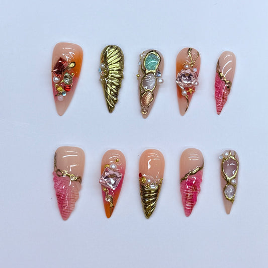 VNL-ME-004 nude coral 3D charm rhinestone custom medium press-on nails by Velnora