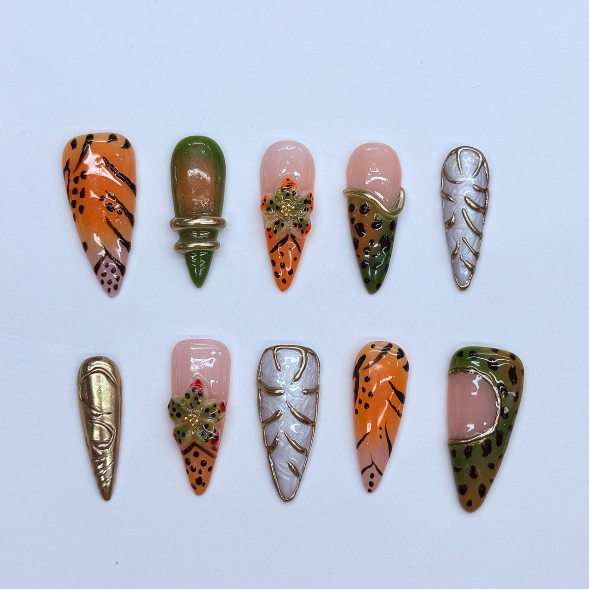 VNL-ME-005 orange olive animal print custom medium press-on nails by Velnora