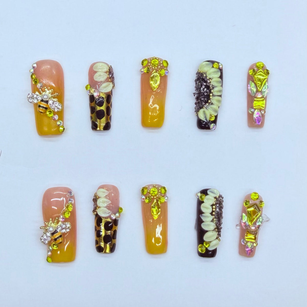 VNL-ME-006 yellow black floral rhinestone custom medium press-on nails by Velnora