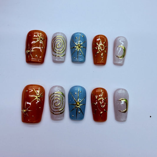 VNL-SH-001 rust blue gold celestial custom short press-on nails by Velnora