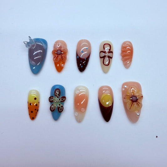 VNL-SH-002 cute mixed fruit floral 3D custom short press-on nails by Velnora