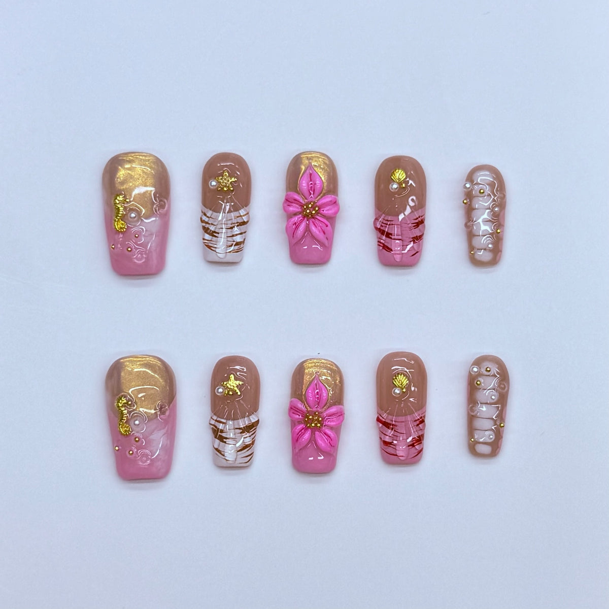 VNL-SH-003 pink floral gold pearl custom short press-on nails by Velnora