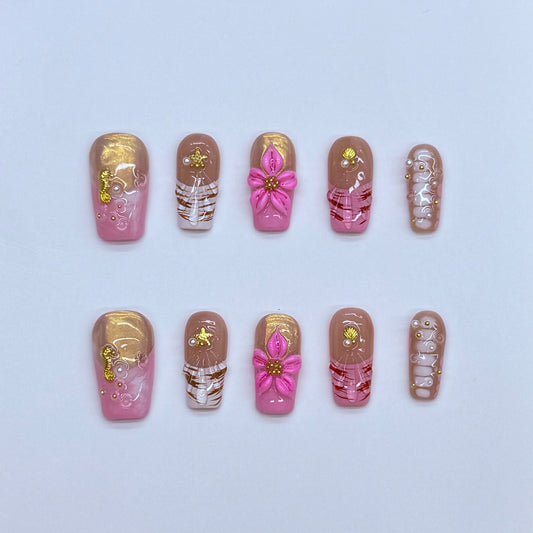 VNL-SH-003 pink floral gold pearl custom short press-on nails by Velnora