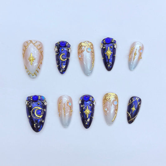 VNL-SH-004 blue white celestial gold star custom short press-on nails by Velnora