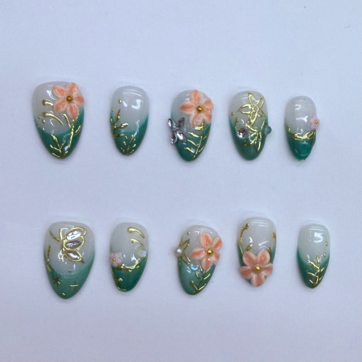 VNL-SH-005 green gradient floral gold custom short press-on nails by Velnora