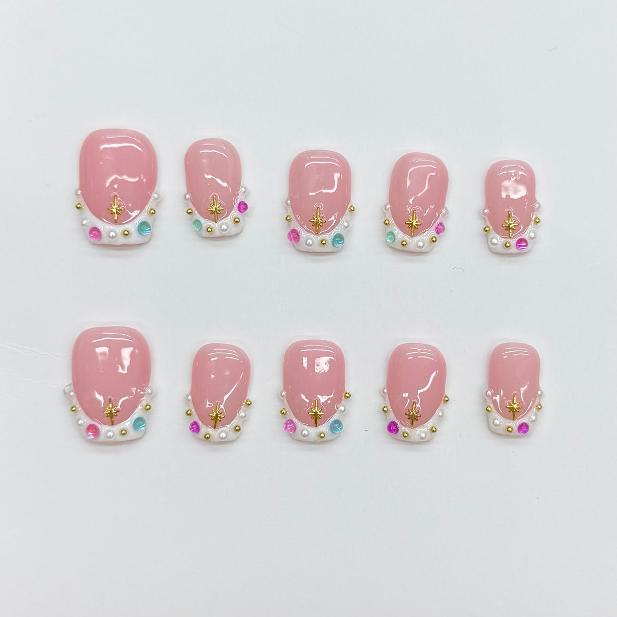 VNL-SH-006 soft pink pearl rhinestone custom short press-on nails by Velnora