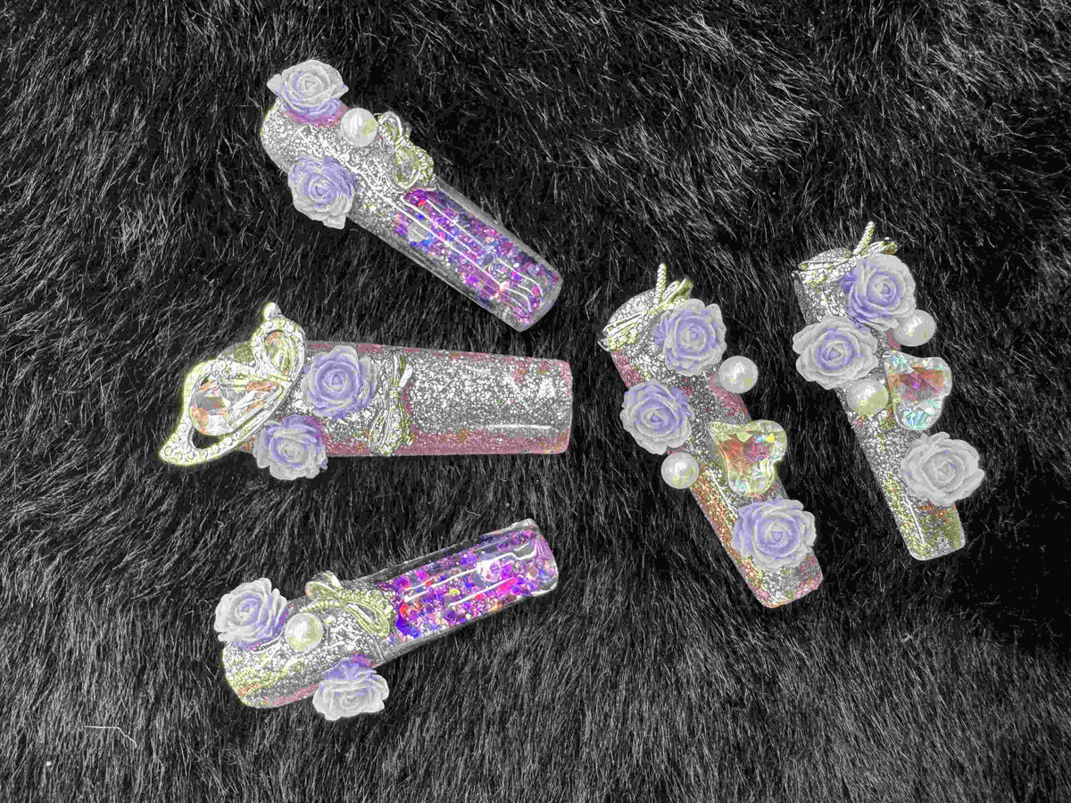 VNL-WA-001 purple rose glitter 3D water-inspired custom press-on nails by Velnora