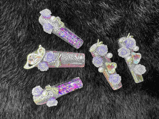 VNL-WA-001 purple rose glitter 3D water-inspired custom press-on nails by Velnora