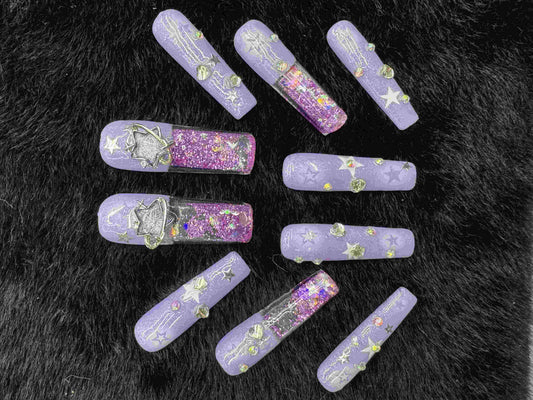 VNL-WA-002 lavender glitter star charm water-inspired custom press-on nails by Velnora