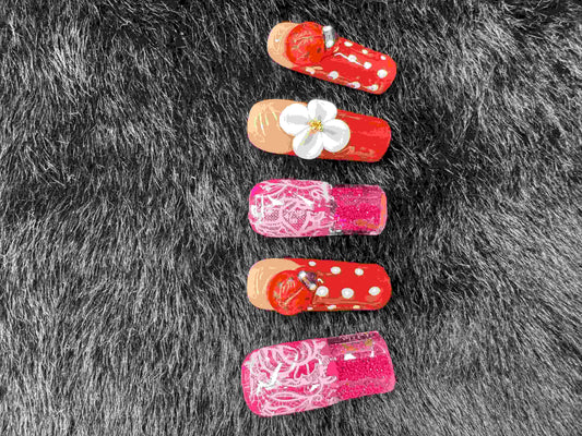 VNL-WA-004 red pink floral 3D art water-inspired custom press-on nails by Velnora