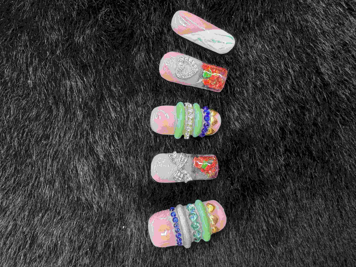 VNL-WA-006 pastel jelly bead 3D charm water-inspired custom press-on nails by Velnora